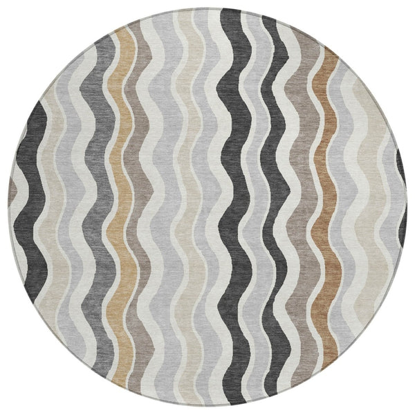 HomeRoots 8' Round Washable Area Rug in Charcoal, Ivory & Gray - Modern Striped Design for Indoor/Outdoor Use 660537