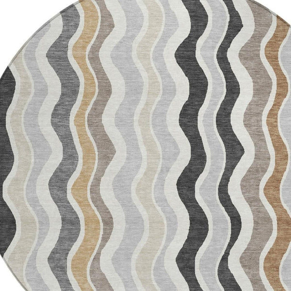 HomeRoots 8' Round Washable Area Rug in Charcoal, Ivory & Gray - Modern Striped Design for Indoor/Outdoor Use 660537
