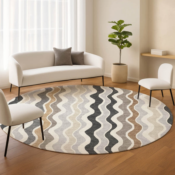 HomeRoots 8' Round Washable Area Rug in Charcoal, Ivory & Gray - Modern Striped Design for Indoor/Outdoor Use 660537