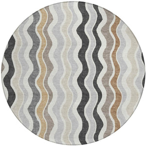 HomeRoots 8' Round Washable Area Rug in Charcoal, Ivory & Gray - Modern Striped Design for Indoor/Outdoor Use 660537