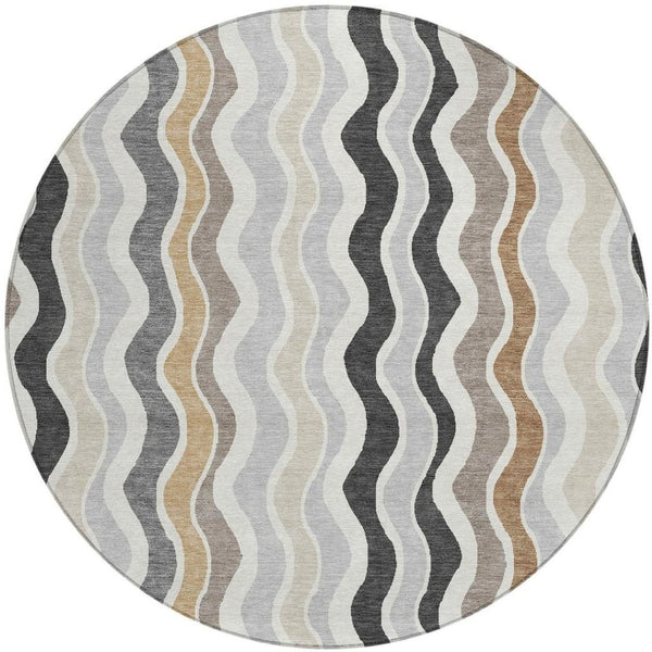HomeRoots 8' Round Washable Area Rug in Charcoal, Ivory & Gray - Modern Striped Design for Indoor/Outdoor Use 660537