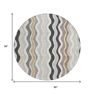 HomeRoots 8' Round Washable Area Rug in Charcoal, Ivory & Gray - Modern Striped Design for Indoor/Outdoor Use 660537