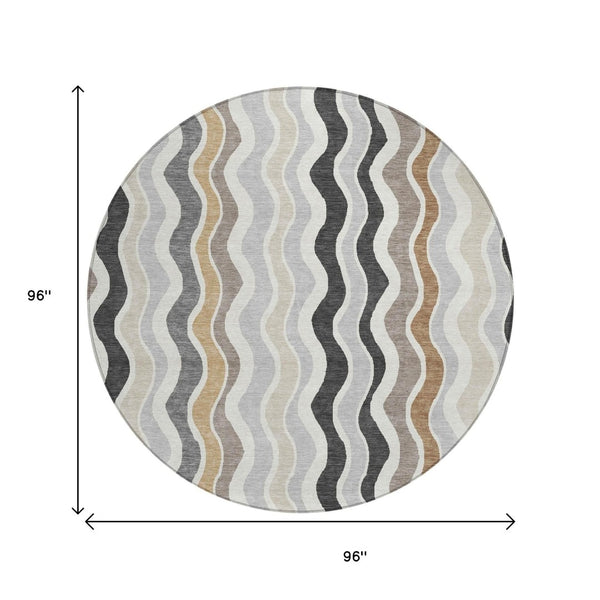 HomeRoots 8' Round Washable Area Rug in Charcoal, Ivory & Gray - Modern Striped Design for Indoor/Outdoor Use 660537