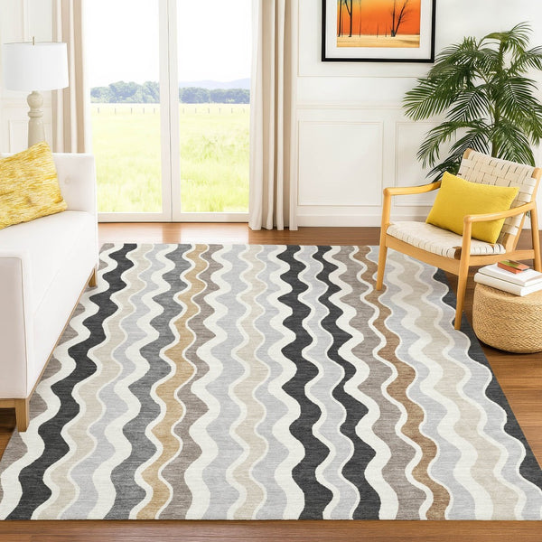 HomeRoots 10' X 14' Charcoal Ivory Gray Striped Washable Area Rug - Durable Indoor/Outdoor Style for Any Space 660540