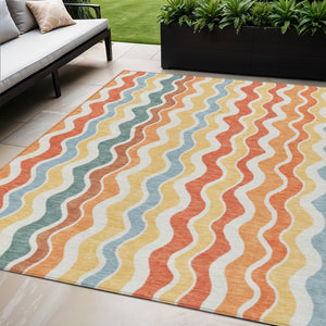 HomeRoots 5' Coral Ivory & Gold Striped Washable Area Rug – Durable, Stylish for Indoor/Outdoor Spaces 660542