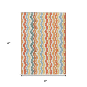 HomeRoots 5' Coral Ivory & Gold Striped Washable Area Rug – Durable, Stylish for Indoor/Outdoor Spaces 660542