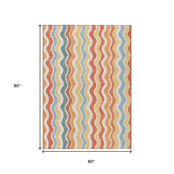 HomeRoots 5' Coral Ivory & Gold Striped Washable Area Rug – Durable, Stylish for Indoor/Outdoor Spaces 660542