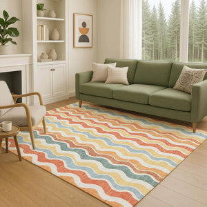 HomeRoots 5' Coral Ivory & Gold Striped Washable Area Rug – Durable, Stylish for Indoor/Outdoor Spaces 660542