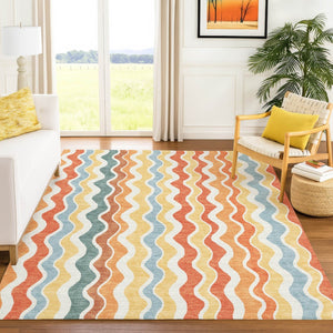 HomeRoots 5' Coral Ivory & Gold Striped Washable Area Rug – Durable, Stylish for Indoor/Outdoor Spaces 660542