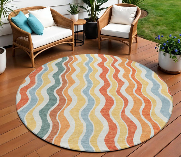 HomeRoots 8' Coral Ivory and Gold Round Rug - Stylish Striped Design for Indoor & Outdoor High-Traffic Areas 660543