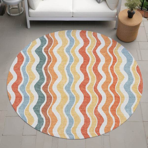 HomeRoots 8' Coral Ivory and Gold Round Rug - Stylish Striped Design for Indoor & Outdoor High-Traffic Areas 660543