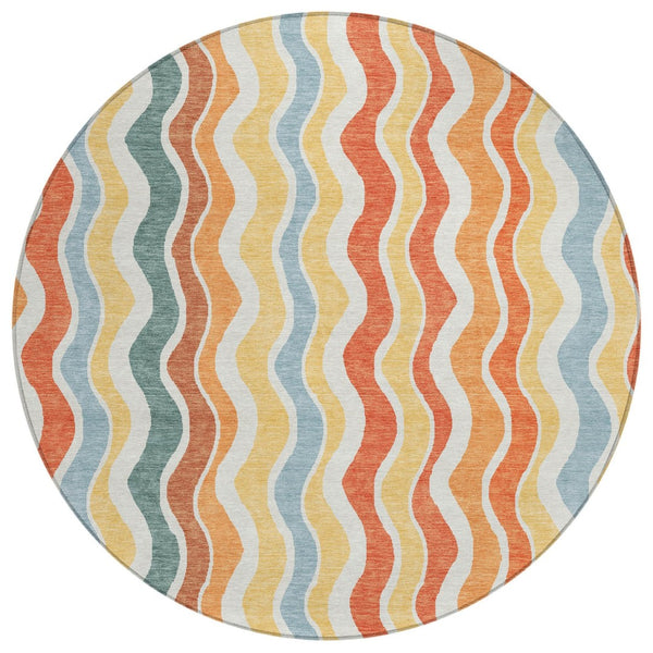 HomeRoots 8' Coral Ivory and Gold Round Rug - Stylish Striped Design for Indoor & Outdoor High-Traffic Areas 660543