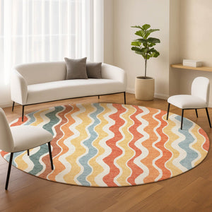 HomeRoots 8' Coral Ivory and Gold Round Rug - Stylish Striped Design for Indoor & Outdoor High-Traffic Areas 660543