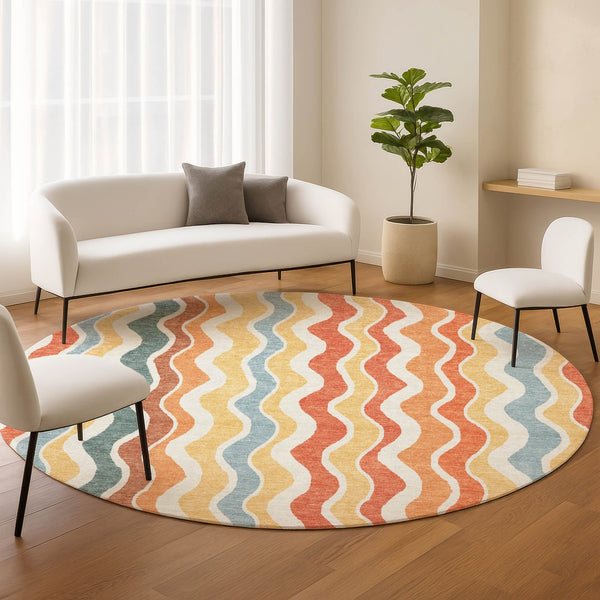 HomeRoots 8' Coral Ivory and Gold Round Rug - Stylish Striped Design for Indoor & Outdoor High-Traffic Areas 660543