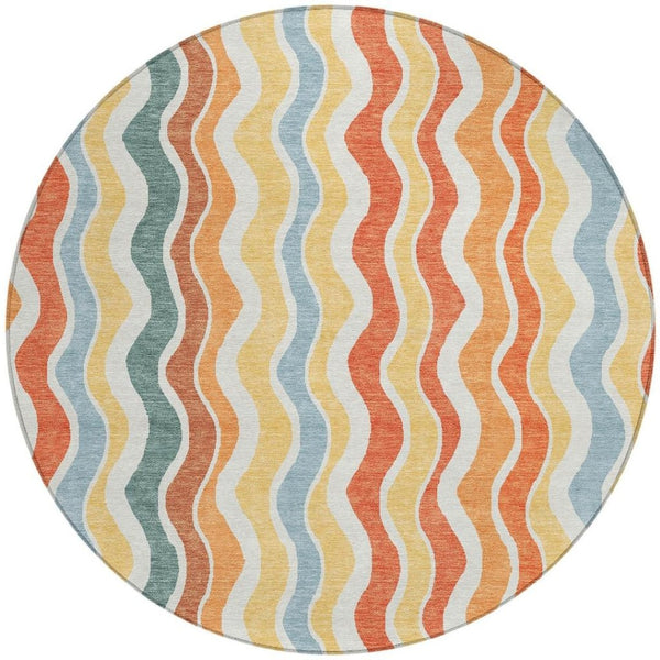 HomeRoots 8' Coral Ivory and Gold Round Rug - Stylish Striped Design for Indoor & Outdoor High-Traffic Areas 660543
