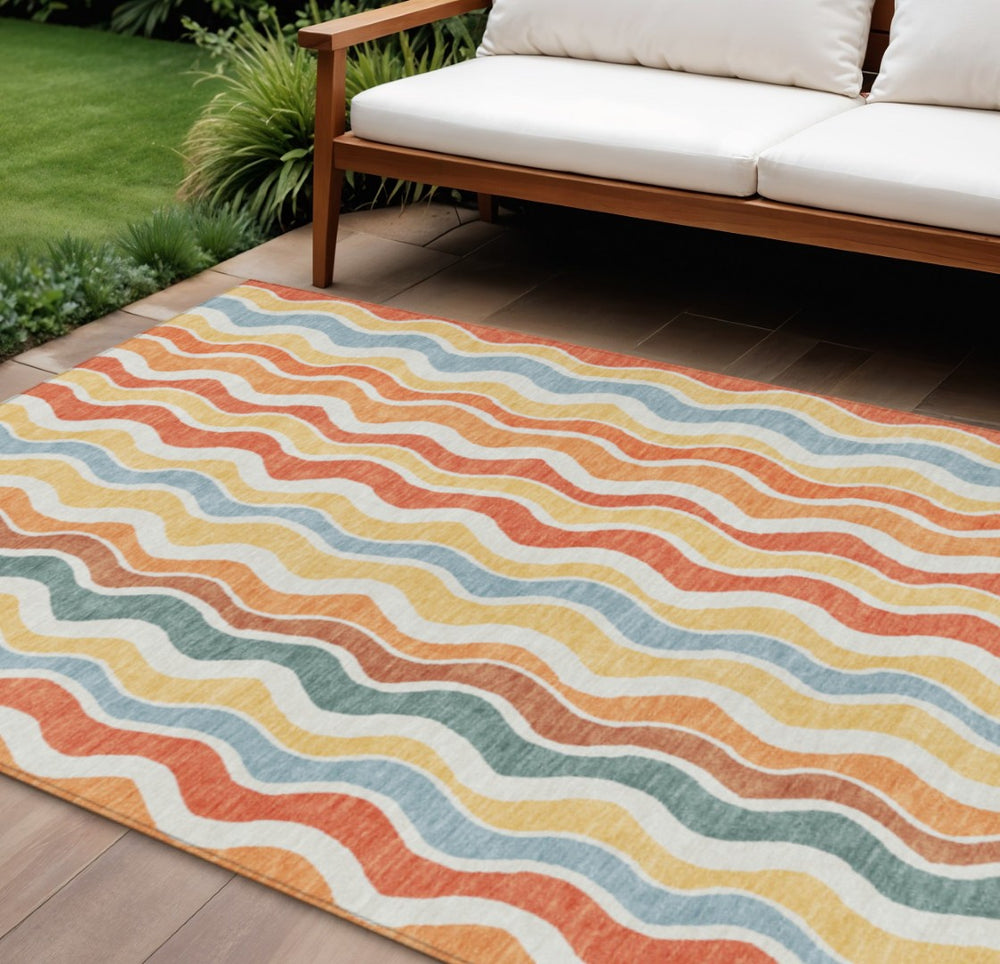 HomeRoots 8' Indoor Outdoor Coral, Ivory & Gold Striped Area Rug – Durable, Washable, Stylish & Stain-Resistant! 660544