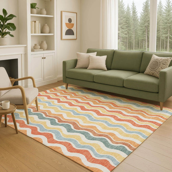 HomeRoots 10' Coral Ivory and Gold Striped Area Rug - Durable, Washable, Indoor/Outdoor, Perfect for High-Traffic Areas 660546