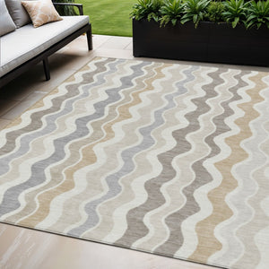 HomeRoots 5' X 8' Washable Ivory Khaki Beige Striped Area Rug - Durable Indoor Outdoor, Stain Resistant & Stylish 660548