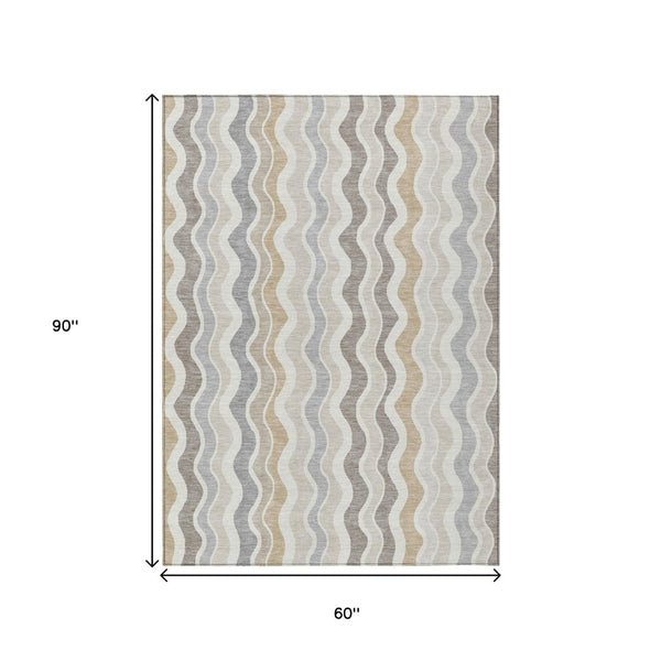 HomeRoots 5' X 8' Washable Ivory Khaki Beige Striped Area Rug - Durable Indoor Outdoor, Stain Resistant & Stylish 660548