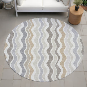 HomeRoots 8' Round Striped Washable Area Rug in Ivory, Khaki & Beige - Durable for Indoor & Outdoor Use! 660549