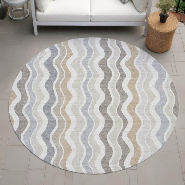 HomeRoots 8' Round Striped Washable Area Rug in Ivory, Khaki & Beige - Durable for Indoor & Outdoor Use! 660549