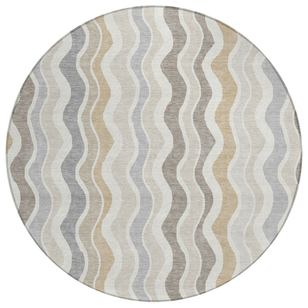 HomeRoots 8' Round Striped Washable Area Rug in Ivory, Khaki & Beige - Durable for Indoor & Outdoor Use! 660549