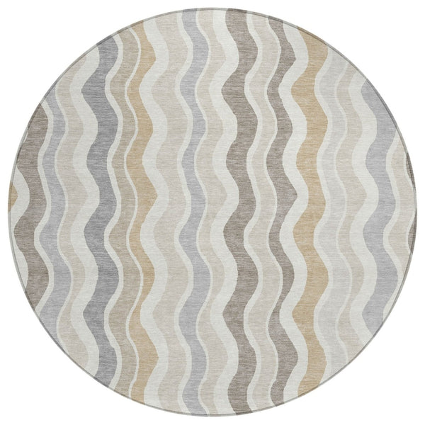 HomeRoots 8' Round Striped Washable Area Rug in Ivory, Khaki & Beige - Durable for Indoor & Outdoor Use! 660549