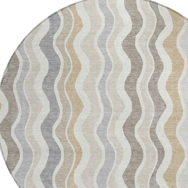 HomeRoots 8' Round Striped Washable Area Rug in Ivory, Khaki & Beige - Durable for Indoor & Outdoor Use! 660549