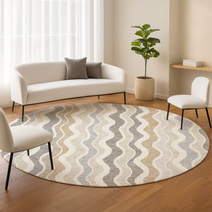 HomeRoots 8' Round Striped Washable Area Rug in Ivory, Khaki & Beige - Durable for Indoor & Outdoor Use! 660549