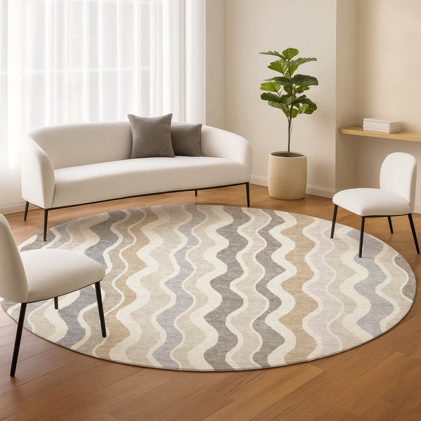 HomeRoots 8' Round Striped Washable Area Rug in Ivory, Khaki & Beige - Durable for Indoor & Outdoor Use! 660549