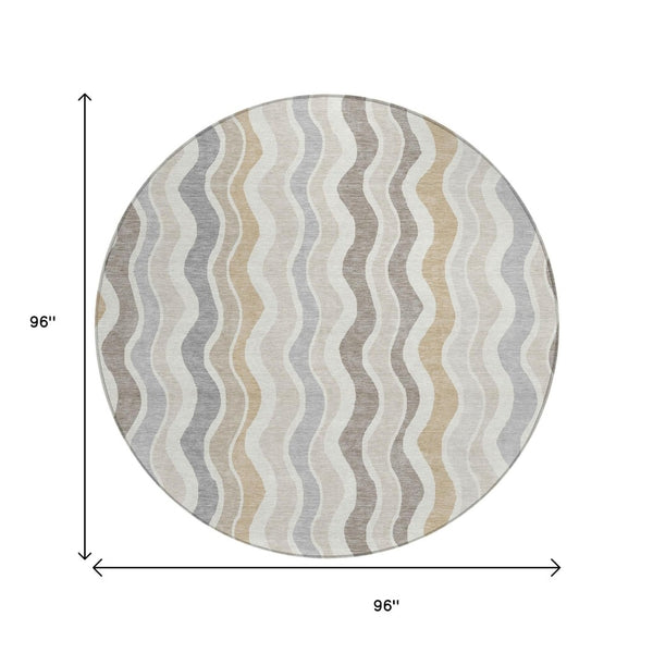 HomeRoots 8' Round Striped Washable Area Rug in Ivory, Khaki & Beige - Durable for Indoor & Outdoor Use! 660549