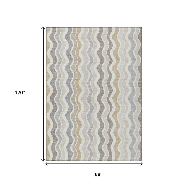 HomeRoots 8' X 10' Striped Washable Area Rug in Ivory, Khaki, and Beige for Indoor/Outdoor Versatility & Durability 660550