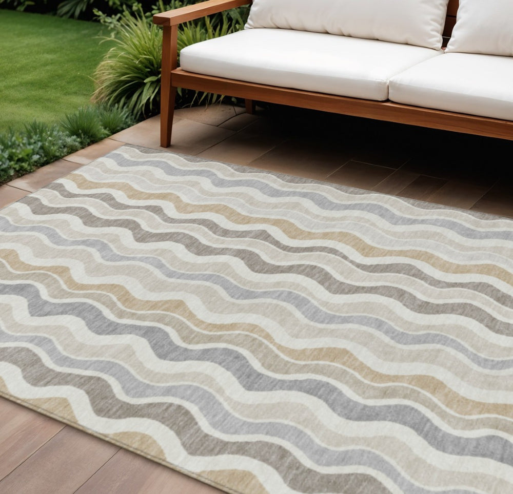HomeRoots 8' X 10' Striped Washable Area Rug in Ivory, Khaki, and Beige for Indoor/Outdoor Versatility & Durability 660550