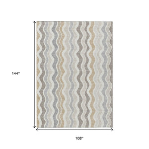 HomeRoots 9' X 12' Striped Indoor Outdoor Area Rug - Durable, Washable, Stylish Ivory Khaki Beige Design! 660551
