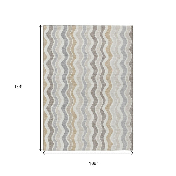HomeRoots 9' X 12' Striped Indoor Outdoor Area Rug - Durable, Washable, Stylish Ivory Khaki Beige Design! 660551