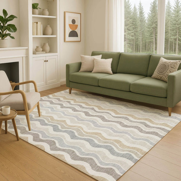 HomeRoots 9' X 12' Striped Indoor Outdoor Area Rug - Durable, Washable, Stylish Ivory Khaki Beige Design! 660551