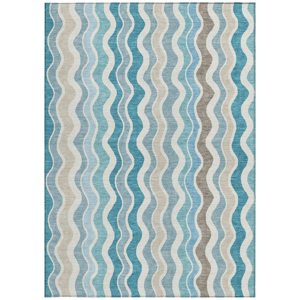 HomeRoots 5' Stylish Teal Blue, Ivory & Beige Striped Washable Area Rug for Indoor/Outdoor Durability & Elegance 660554