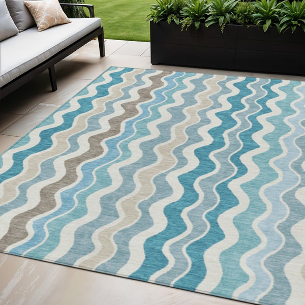 HomeRoots 5' Stylish Teal Blue, Ivory & Beige Striped Washable Area Rug for Indoor/Outdoor Durability & Elegance 660554