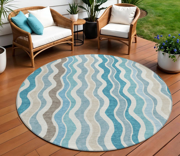 HomeRoots 8' Teal Blue and Beige Round Striped Area Rug - Versatile Indoor/Outdoor, Washable, Durable Design 660555