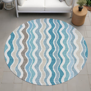HomeRoots 8' Teal Blue and Beige Round Striped Area Rug - Versatile Indoor/Outdoor, Washable, Durable Design 660555