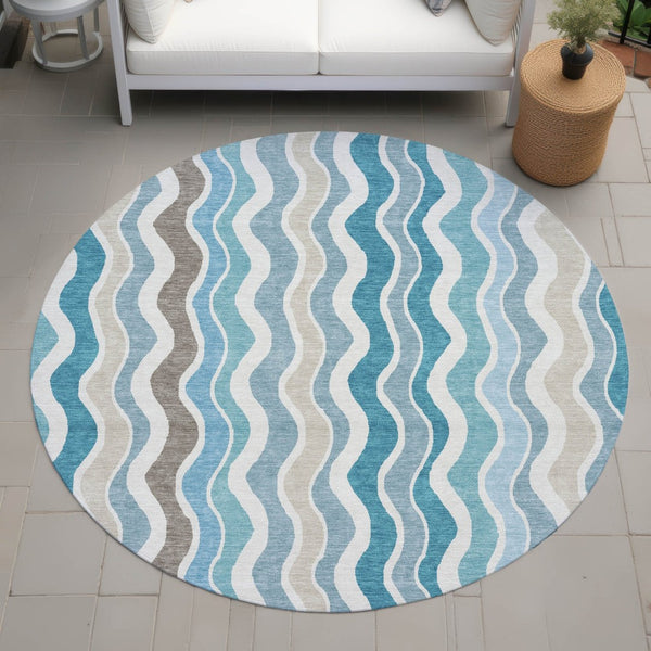 HomeRoots 8' Teal Blue and Beige Round Striped Area Rug - Versatile Indoor/Outdoor, Washable, Durable Design 660555