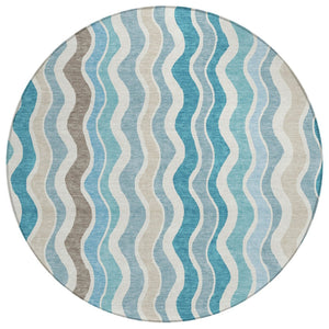 HomeRoots 8' Teal Blue and Beige Round Striped Area Rug - Versatile Indoor/Outdoor, Washable, Durable Design 660555