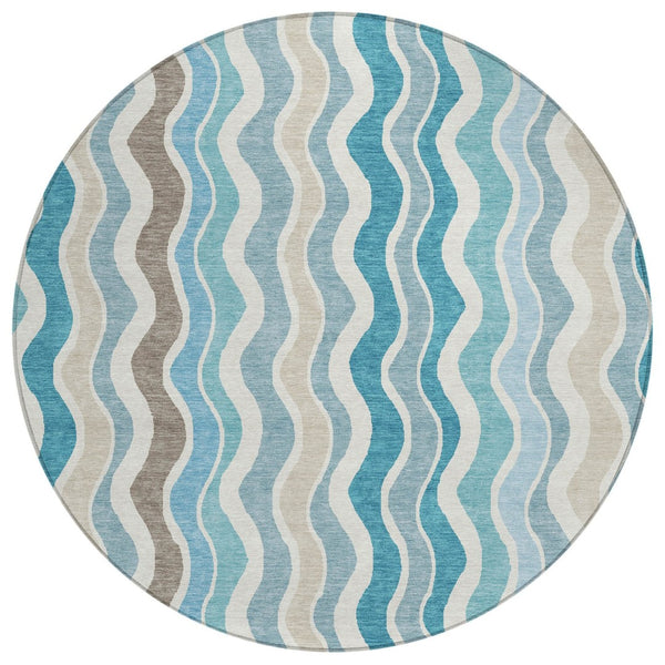 HomeRoots 8' Teal Blue and Beige Round Striped Area Rug - Versatile Indoor/Outdoor, Washable, Durable Design 660555