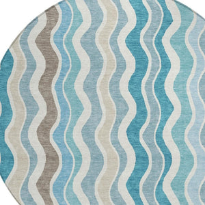 HomeRoots 8' Teal Blue and Beige Round Striped Area Rug - Versatile Indoor/Outdoor, Washable, Durable Design 660555