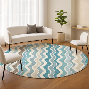 HomeRoots 8' Teal Blue and Beige Round Striped Area Rug - Versatile Indoor/Outdoor, Washable, Durable Design 660555