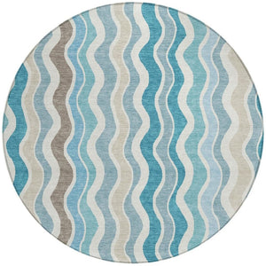HomeRoots 8' Teal Blue and Beige Round Striped Area Rug - Versatile Indoor/Outdoor, Washable, Durable Design 660555