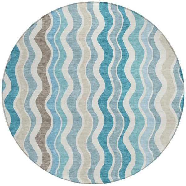 HomeRoots 8' Teal Blue and Beige Round Striped Area Rug - Versatile Indoor/Outdoor, Washable, Durable Design 660555