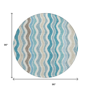 HomeRoots 8' Teal Blue and Beige Round Striped Area Rug - Versatile Indoor/Outdoor, Washable, Durable Design 660555