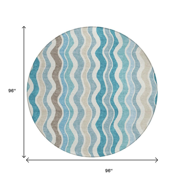 HomeRoots 8' Teal Blue and Beige Round Striped Area Rug - Versatile Indoor/Outdoor, Washable, Durable Design 660555