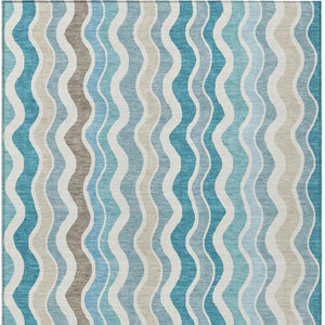 HomeRoots 9' X 12' Coastal-Inspired Teal Blue Striped Area Rug - Washable, Durable, Indoor/Outdoor Versatility 660557